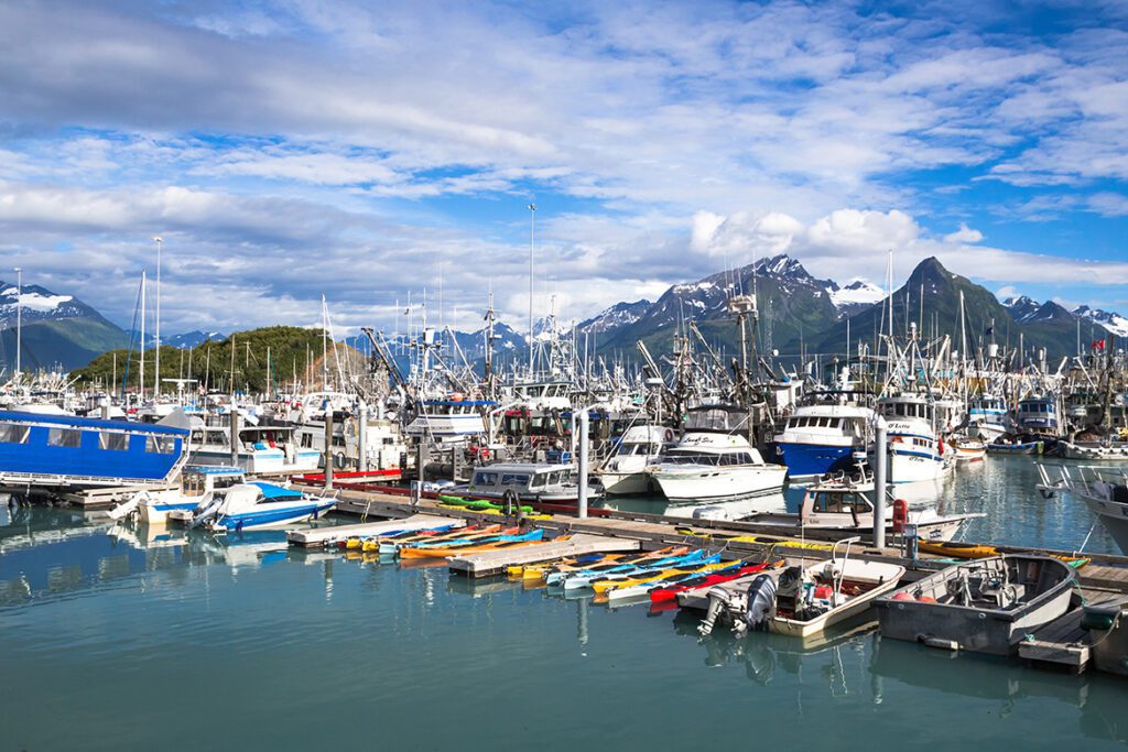 Valdez, Alaska - July 23, 2016: Valdez Small Boat Harbor. Fishing Vessels with gear