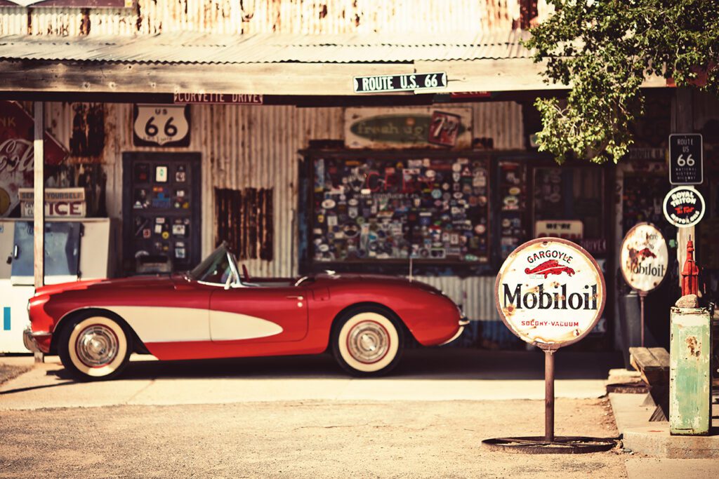 Hackberry General Store with a 1957 red Corvette car in front on August 3, 2012 in Hackberry , Arizona, USA. Hackberry General Store is a popular museum of old Route 66