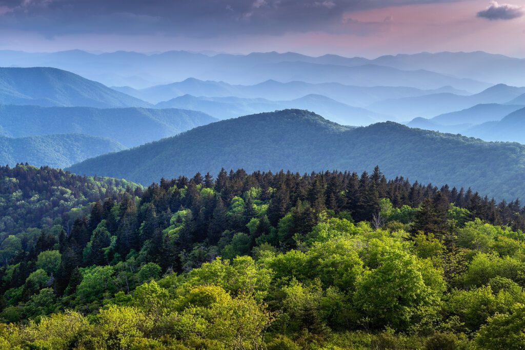 The ridges of the Great Smokey Mountains extending across the valley on the BLue Ridge Parkway near Asheville and Cherokee, North Carolina.