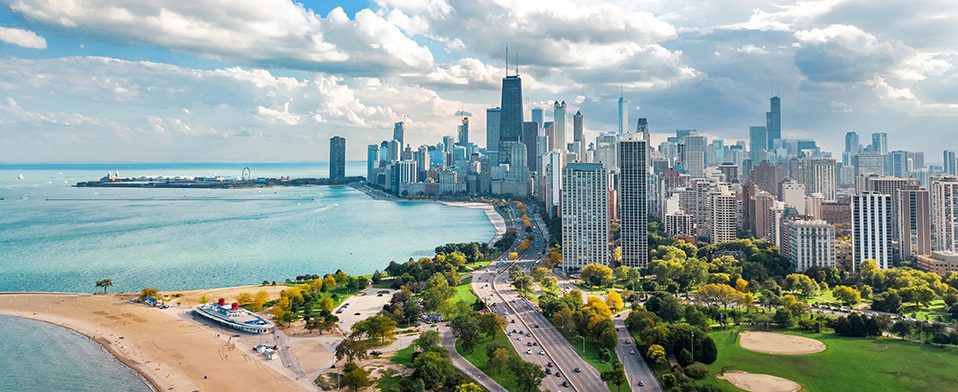 Chicago skyline aerial drone view from above, lake Michigan and city of Chicago downtown skyscrapers cityscape bird's view from Lincoln park, Illinois, USA