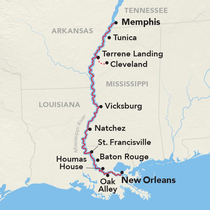 Lower Mississippi River cruise route map