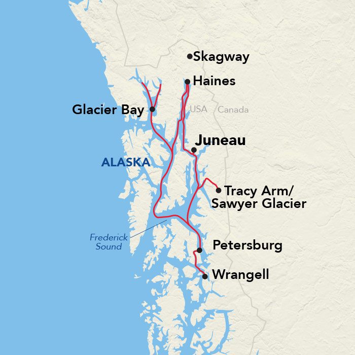 Zuid-Oosten Alaska Cruise met het American Constellation Cruiseschip route map